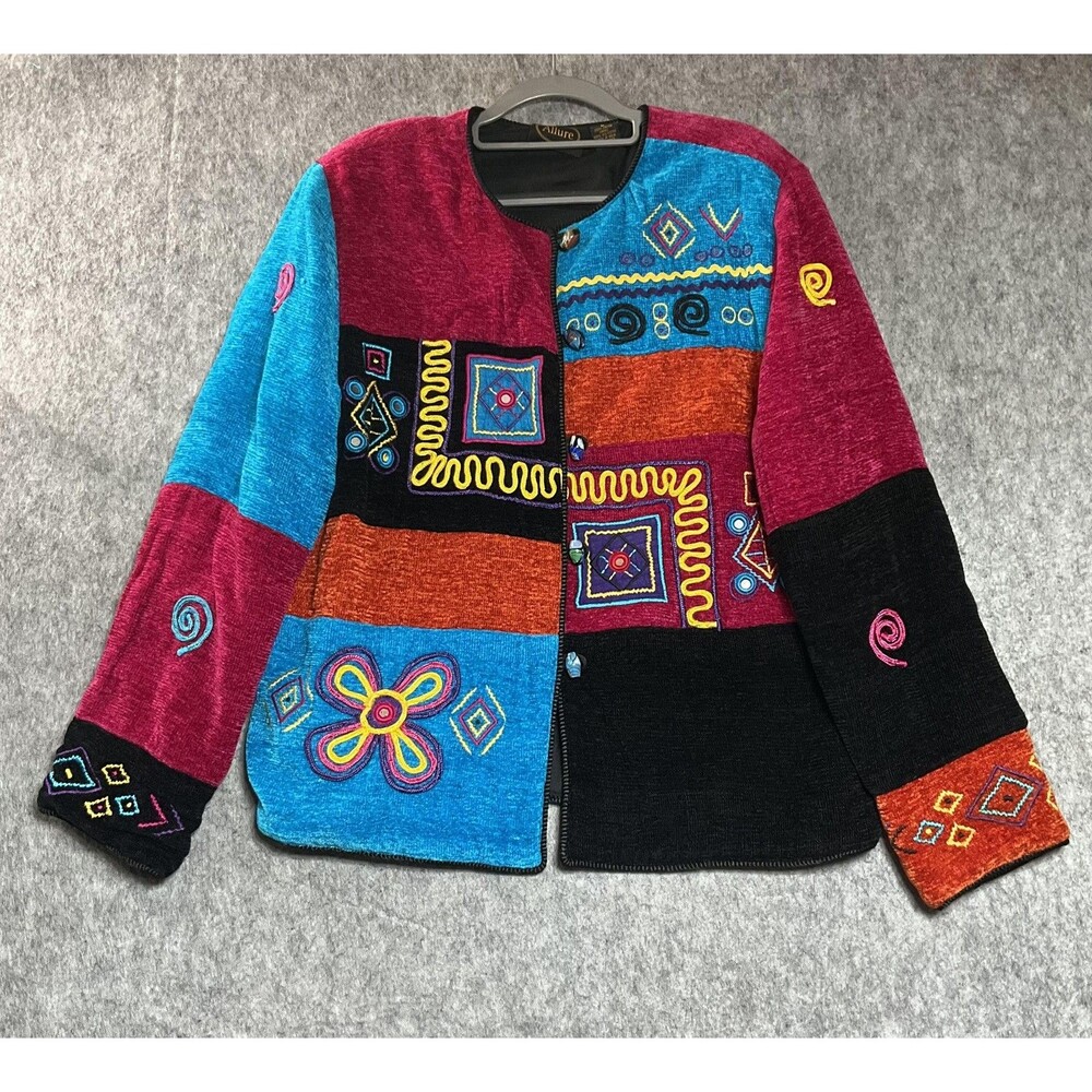 Allure Jacket Womens Large Multicolor Embroidered Button Front Boho Patchwork